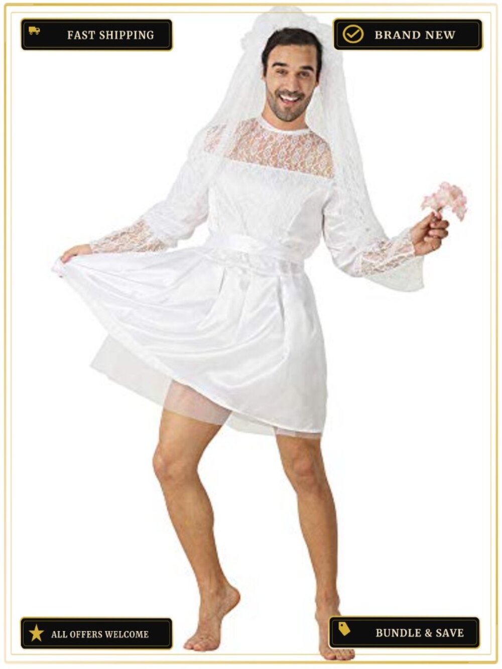 Men's Funny Bride Costume Wedding Dress with Veil One Size
